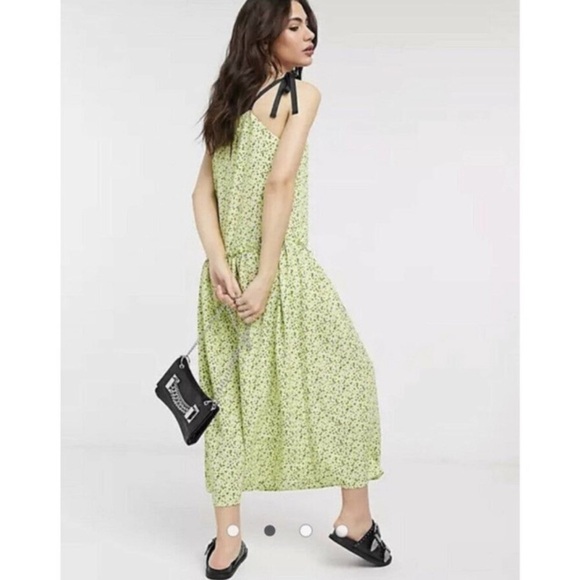 New TOPSHOP Floral Print Drop Waist Midi Dress in Lime - Picture 2 of 9